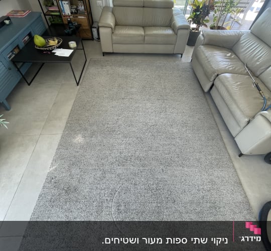 שני ספות עור בהירות ושטיח אפור בחדר מגורים